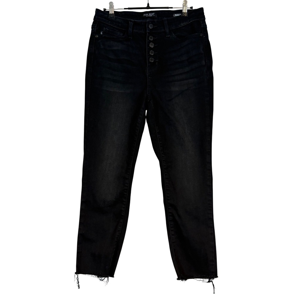 Judy Blue High Rise Skinny Jeans Black Button Fly‎ Raw Hem Womens 7/28 Slimming